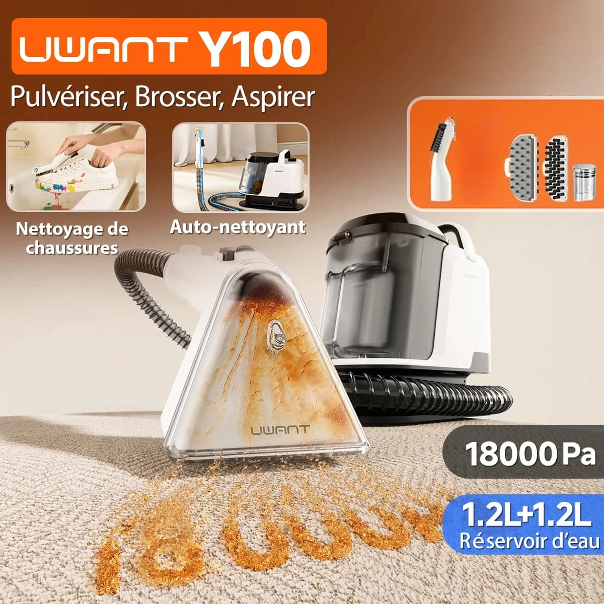 Uwant Pulitore per Tappeti 18KPa con Spazzola Spray e Aspirazione, Macchina Portatile per Pulizia di Divani, Auto, Scarpe, Rimozione di Peli di Animali e Odori, Autopulente