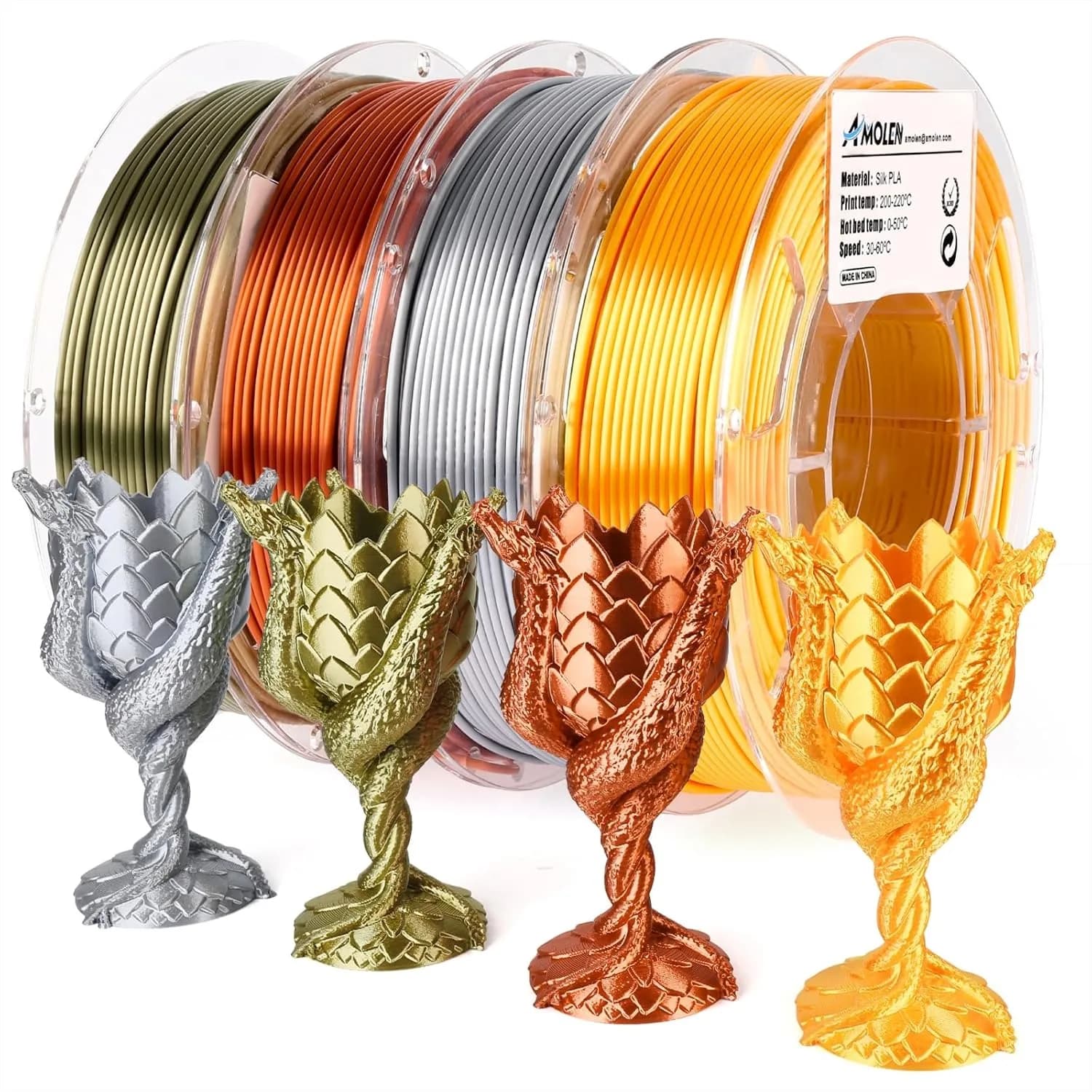 Filamento PLA per Stampante 3D 1.75mm, Set Seta Oro Argento Bronzo Rosso Rame, 200g x 4 Bobine, Liscio Lucido Senza Grovigli