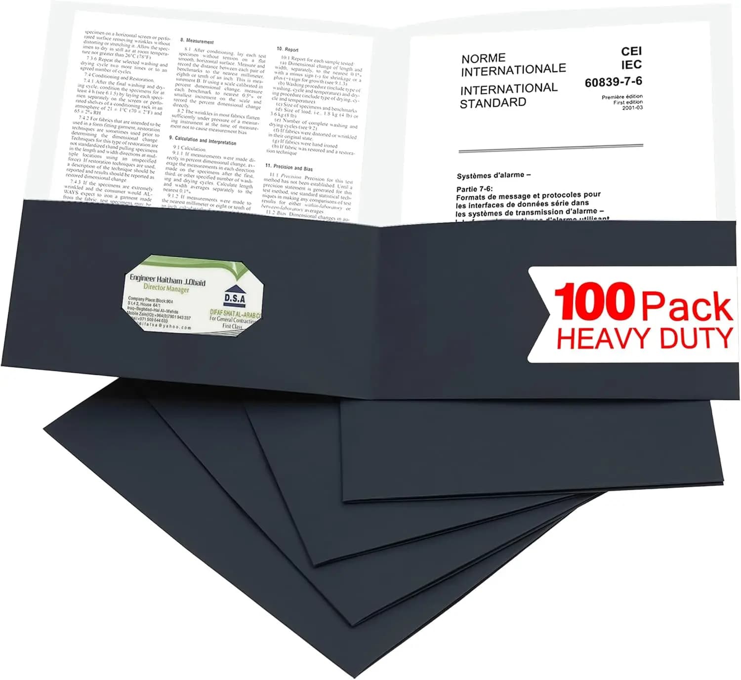 100 Pacchetti di Cartelle Portadocumenti Nere a Due Tasche con Slot per Biglietti da Visita, Formato Letter per Scuola e Ufficio