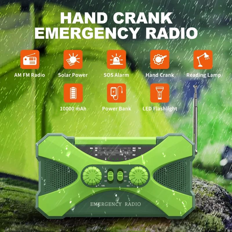 10000mAh Multifunctional Radio Watertight Emergency Light /Power Bank/AM/FM Weather Radios/SOS alarms Outdoor Survival Tool