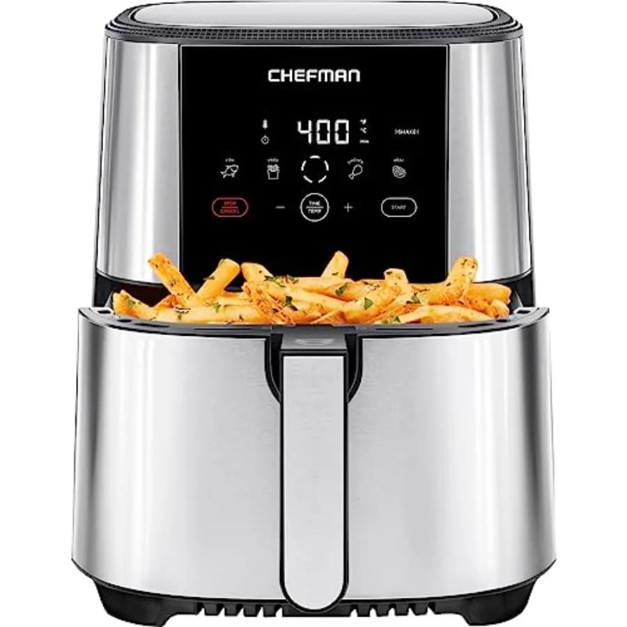 Friggitrice ad aria TurboFry Touch per cucinare in famiglia, in acciaio inossidabile, nera, capacità di 5 quarti con preimpostazioni one-touch e rivestimento antiaderente
