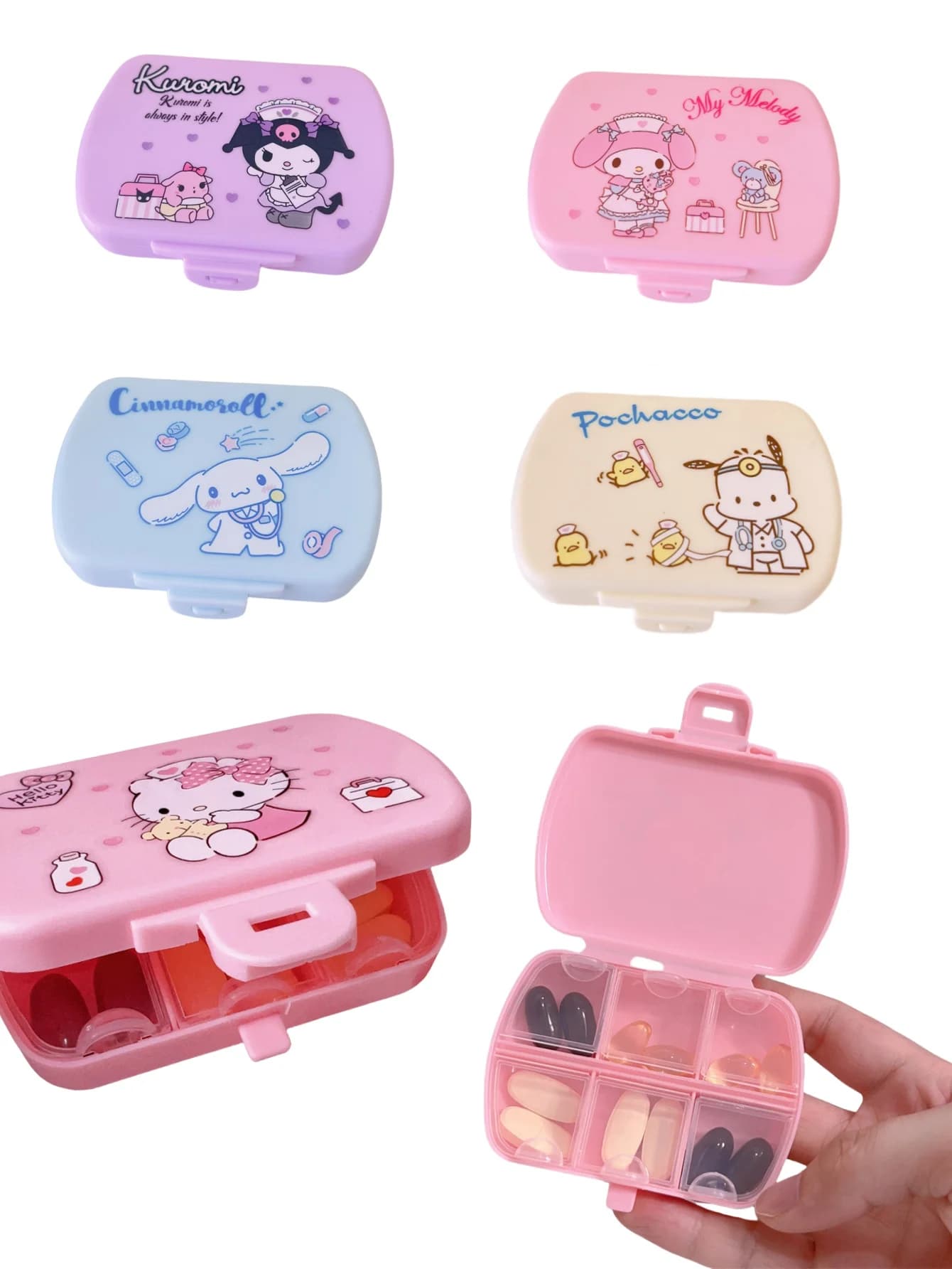 1 scatola porta pillole Kawaii con motivi Cinnamoroll, Hello Kitty, My Melody, Kuromi, contenitore per medicinali in plastica leggera e quadrata