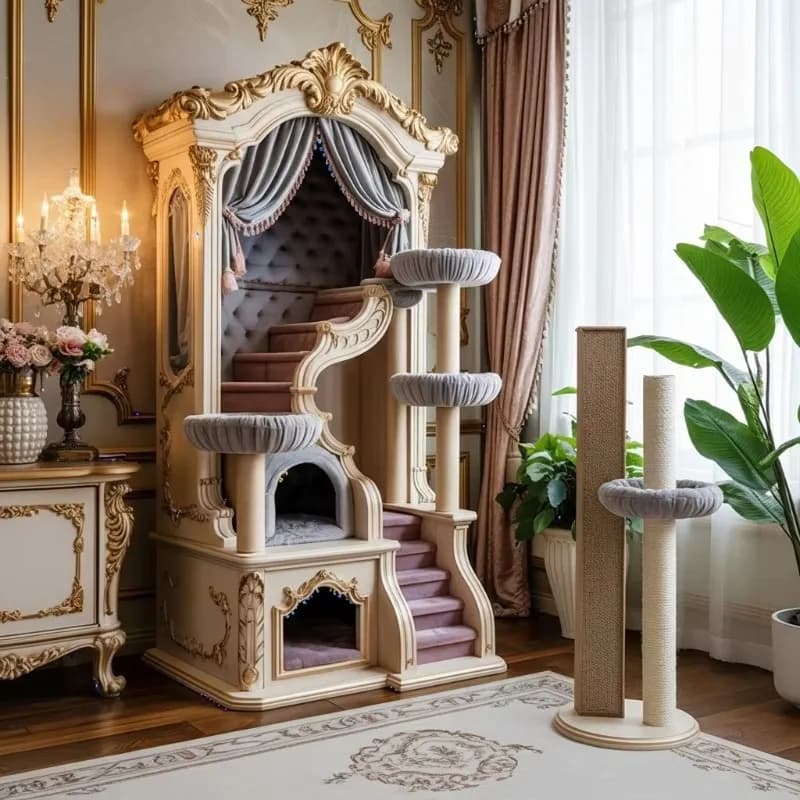 Luxury Royal Style Cat Tree Wooden European Baroque Pet Furniture Villa With Stairs and Velvet Cushion for Large Cats