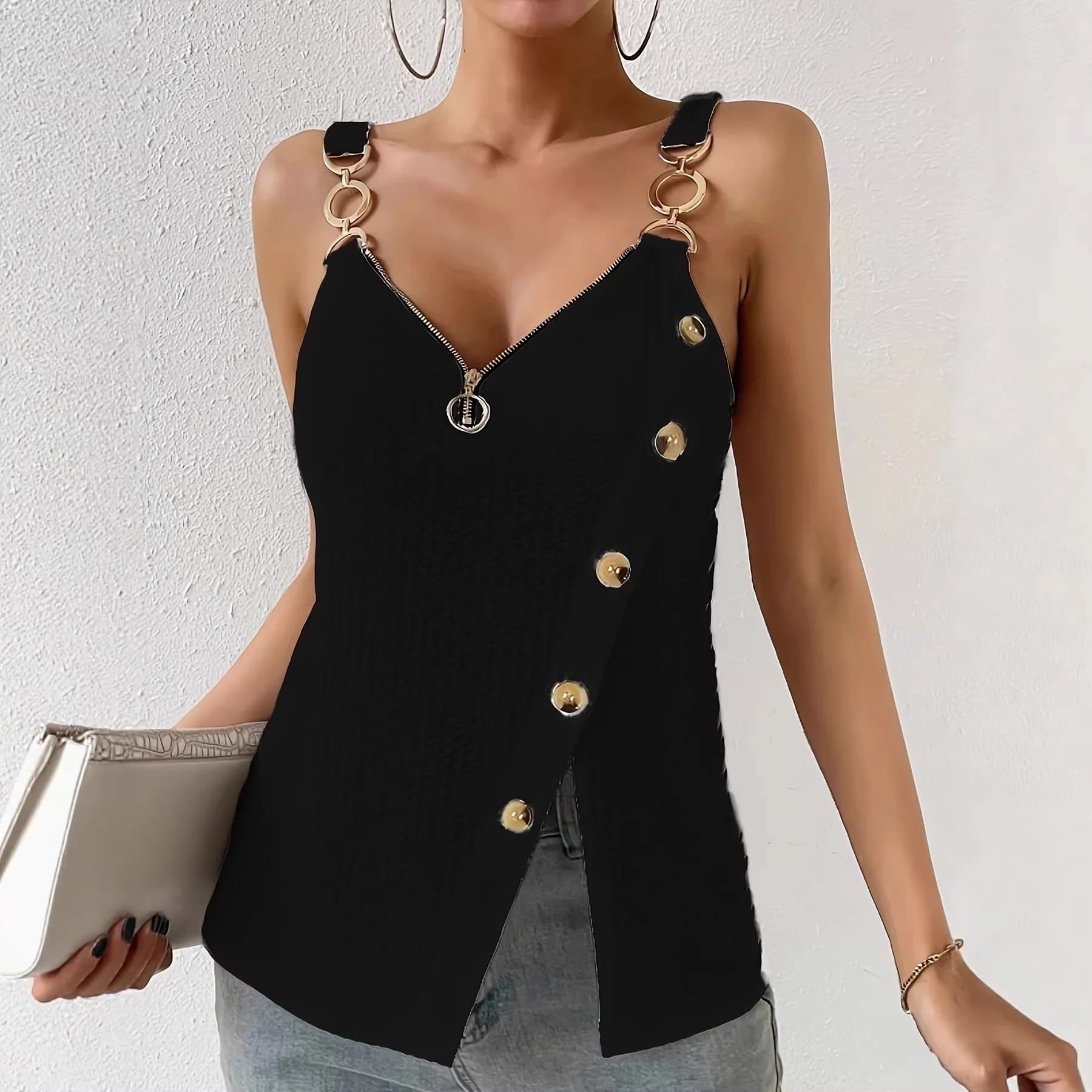 Classic black and red summer top with custom design, metal buttons, sleeveless, sexy, strong women's sizes