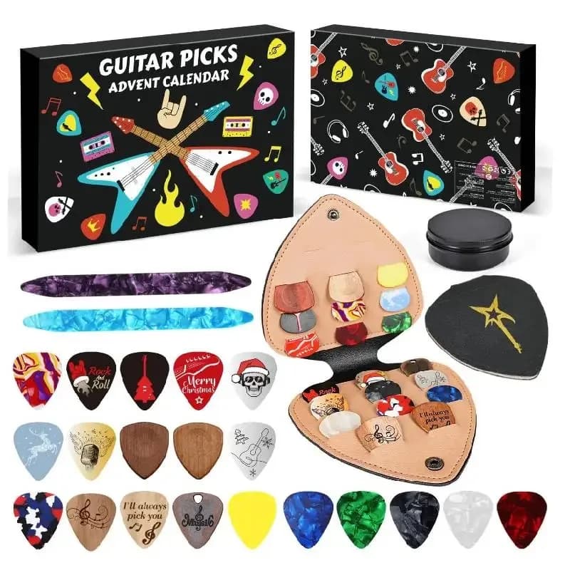 Calendario per il conto alla rovescia per plettri per chitarra con 20 plettri per chitarra e 2 supporti per plettri Oud Calendari dell'Avvento di Natale per giocatori di chitarra basso Ukulele