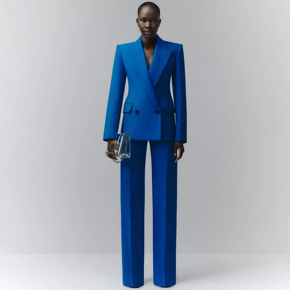 Completo Elegante da Donna Blu, Giacca e Pantaloni Doppiopetto, Lunghezza Regolare, per Ufficio, Set Completo di 2 Pezzi