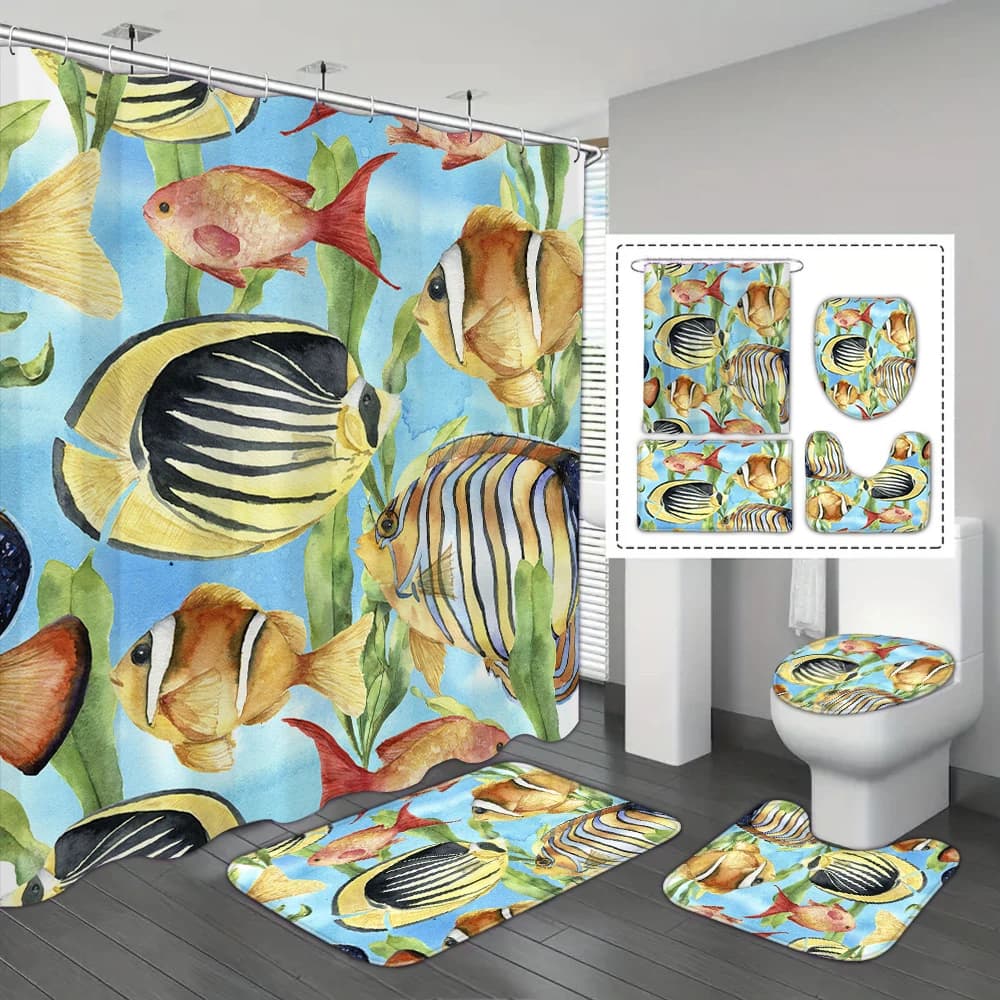Set di 4 pezzi di tenda da doccia impermeabile con motivo a pesci tropicali con 12 ganci, tenda stampata impermeabile, tappetino da bagno