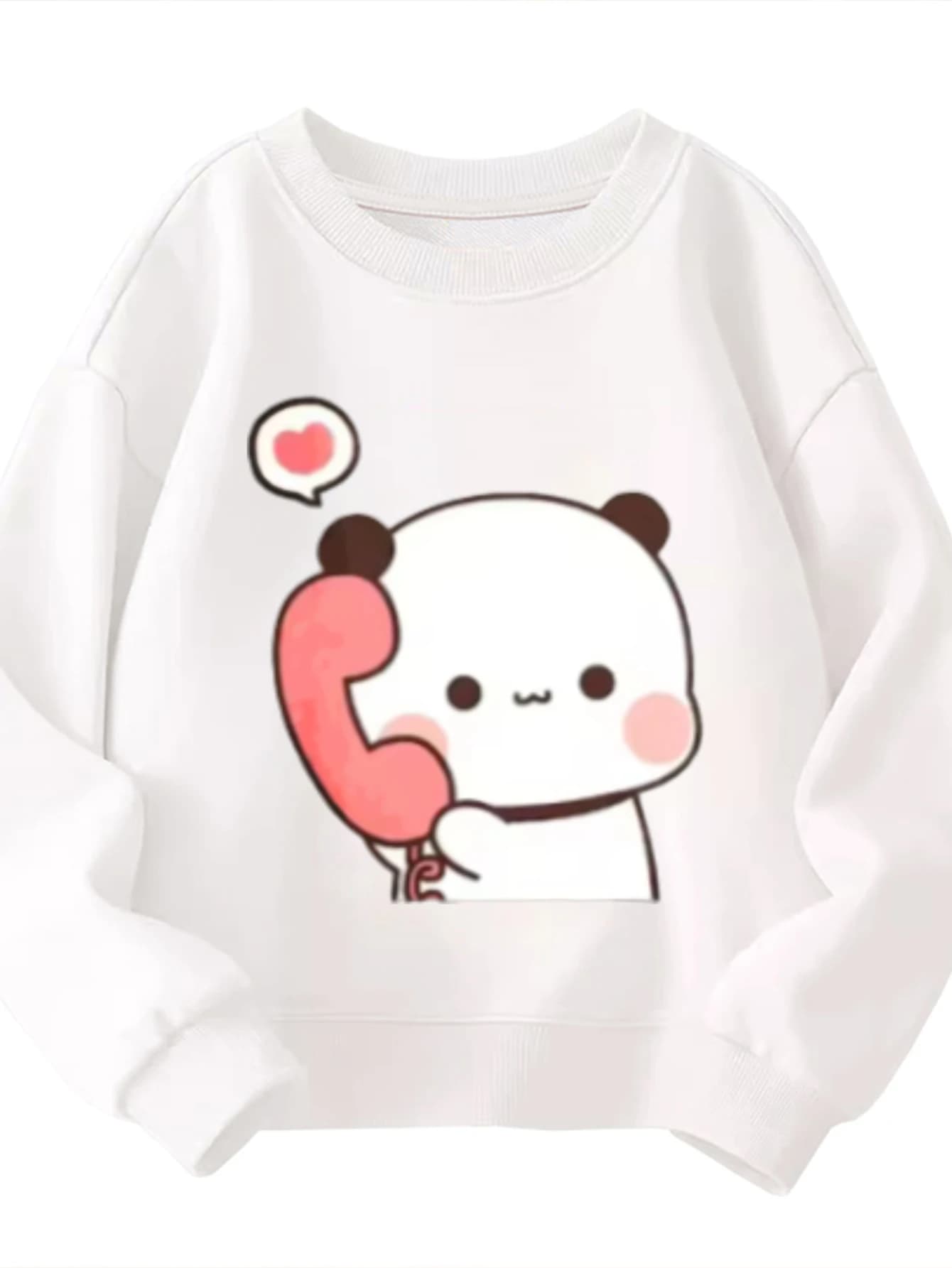 Kids Cotton Crewneck Sweatshirt with Panda Phone Call graphics for boys and girls, cute animal theme
