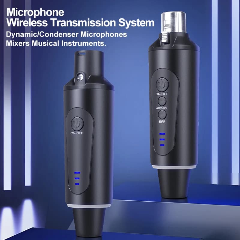 Trasmettitori e ricevitori XLR wireless che supportano l'alimentazione phantom 48V; adattatori compatibili con microfoni dinamici e a condensatore.