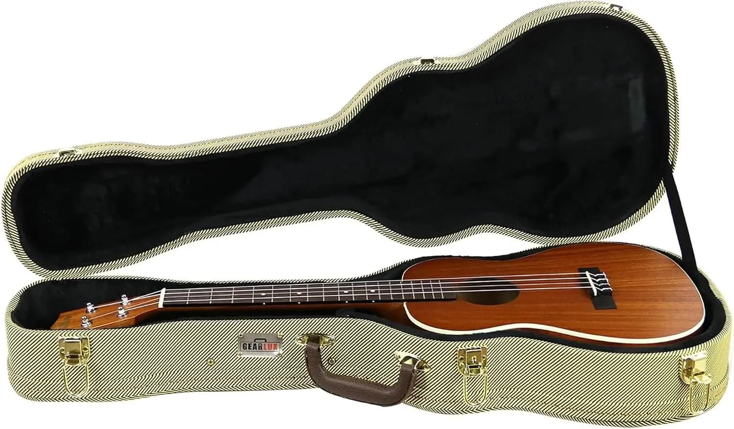 Baritone Ukulele Wooden Case with Exterior Lock & Key, PVC Handle, Plush Interior Padding, Tweed Fabric