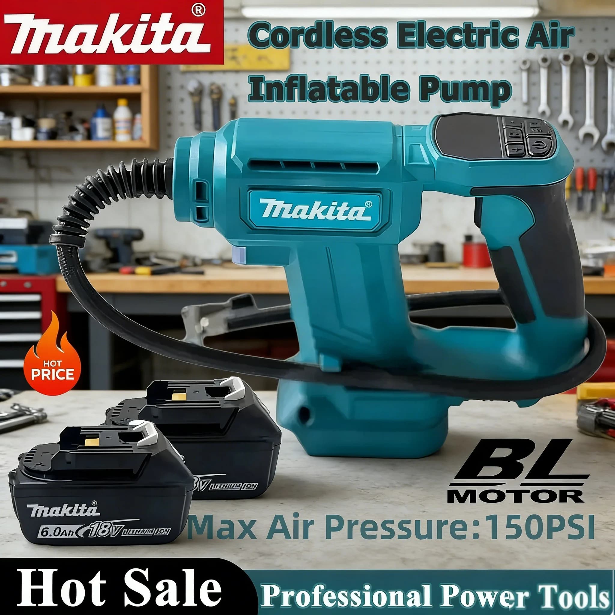 Pompa ad aria portatile Makita 2 in 1 senza fili, gonfiatore per pneumatici auto, compressore d'aria automatico, pompa elettrica per batterie da 18V 20V
