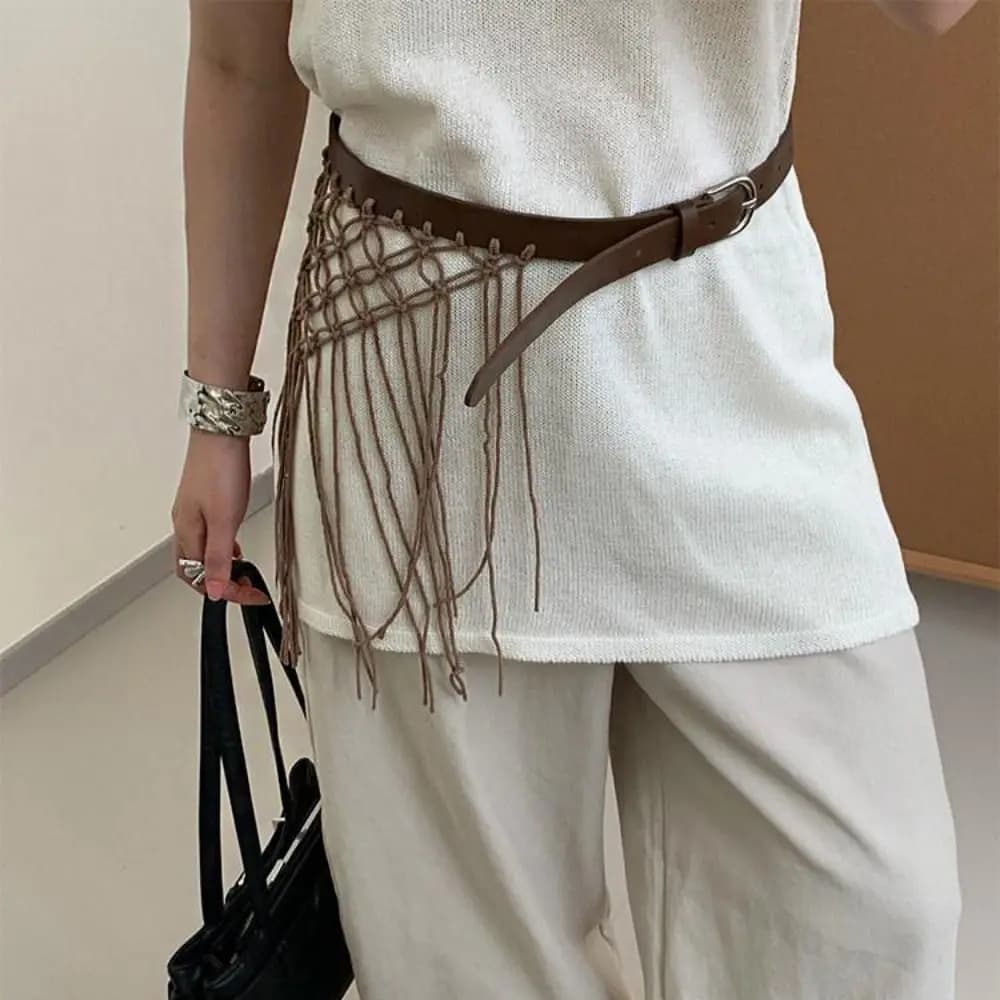 Y2K Tassel Weave Belts Boho Retro Bohemian Style Belts Ethnic Style Knitted Rope Woven Tassel Waistband Waist Accessories