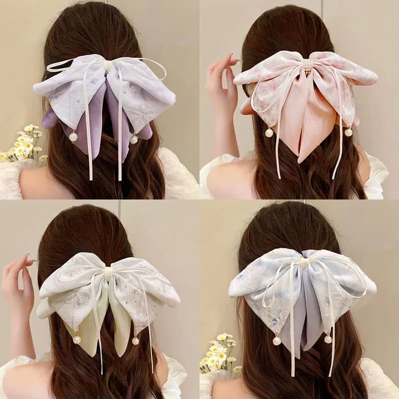 1PC Elegant Floral Print Bow Hair Clips With Pearl Tassels Sweet Satin Bow Hair Accessories For Women Daily & Party Hairstyles