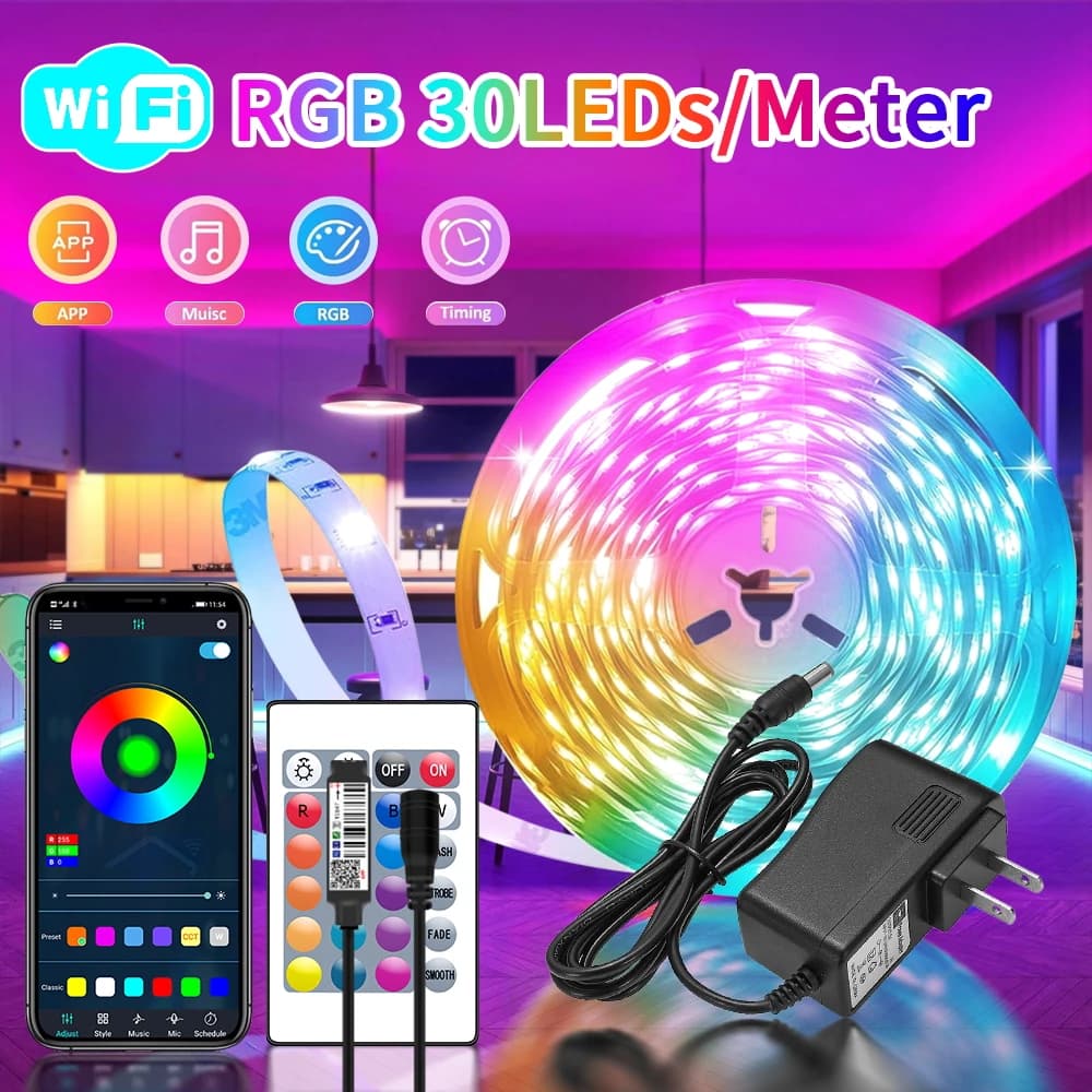 WIFI APP 5050 RGB LED Strip 24K Control con batteria e alimentatore US plug per la decorazione domestica e l'illuminazione ambientale