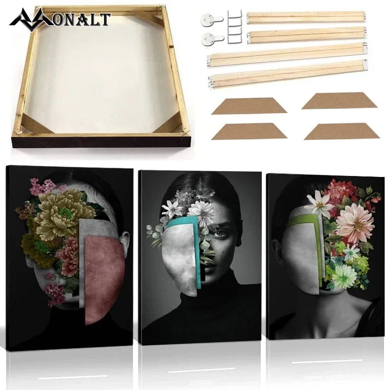 home decor Flowers Mask Woman Face Canvas Art Painting with Frame Floral Figure Wall Art Poster Prints Abstract Creative Picture