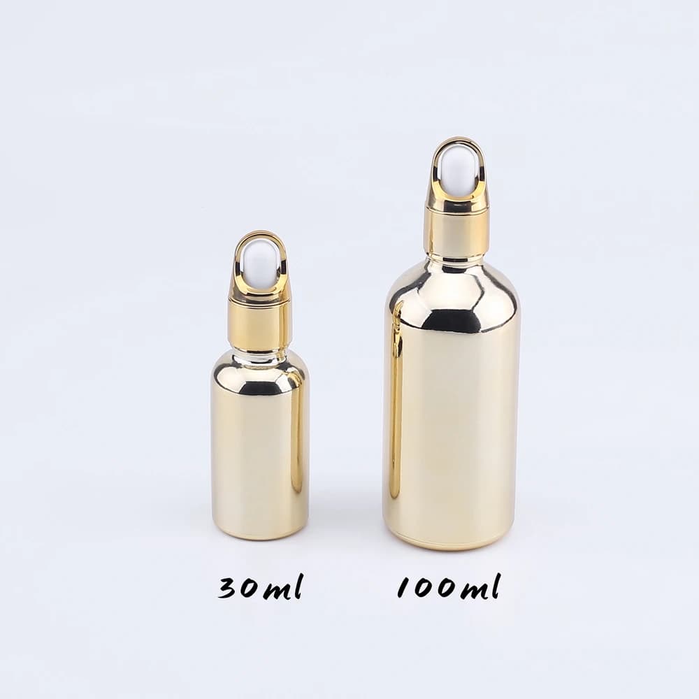 3 flaconi contagocce in vetro dorato da 30 ml e 100 ml, vuoti, per oli essenziali, con pipette, per il confezionamento di profumi
