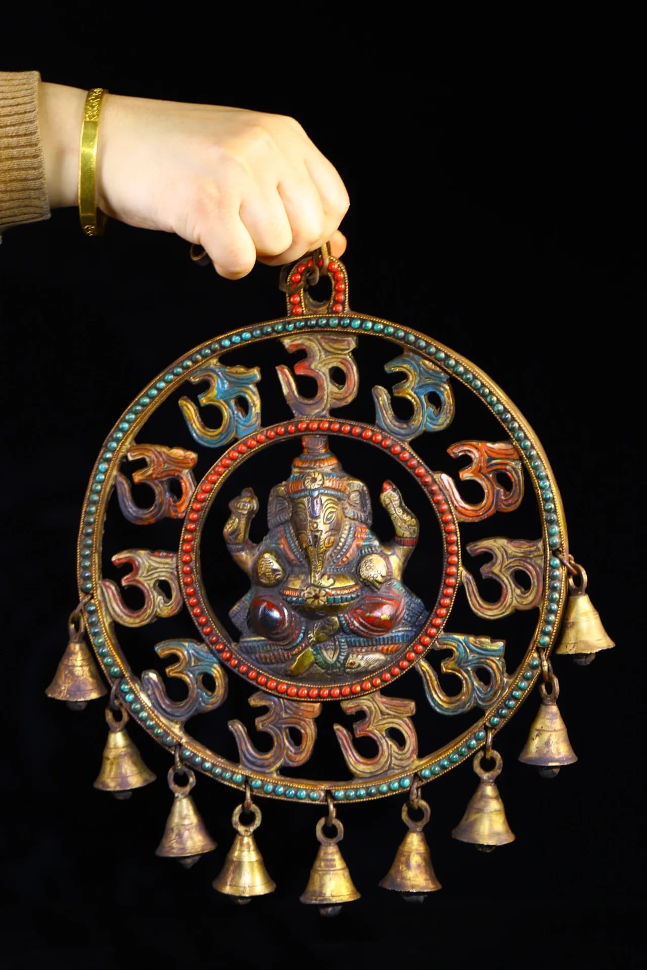 12"Tibetan Temple Collection Old Bronze Painted Ganesha Buddha Wind Bell Six Character Truth Amulet Dharma Worship Hall