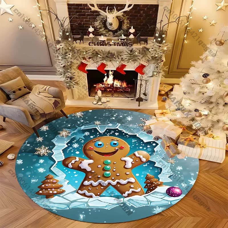 Nice round carpet with gingerbread printing Santa Claus, carpet for chairs, children's play mat, yoga carpet for bedroom, durable anti-slip zerbino