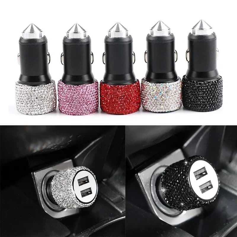 Caricabatteria per auto USB Bling 5V 2.1A Adattatore rapido a doppia porta Rosa Decorazioni per auto Car Styling Diamond Accessori per auto Interni per donna