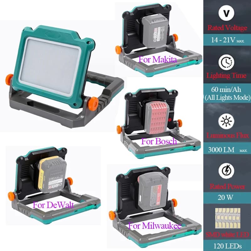 Lanterna pieghevole LED luce da lavoro per Makita per DeWalt per Milwaukee per Bosch 18V 20V batterie agli ioni di litio lampada di emergenza da campeggio