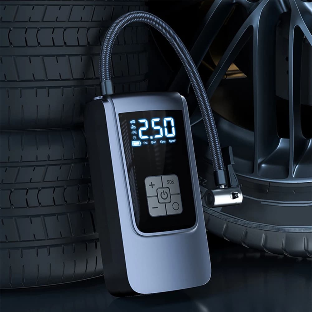 Compressore d'Aria Intelligente con Luce LED, Pompa Elettrica 7.4/12V per Gonfiaggio Pneumatici Auto, 150PSI 6000mAh, Pompa per Pneumatici Senza Fili per Moto