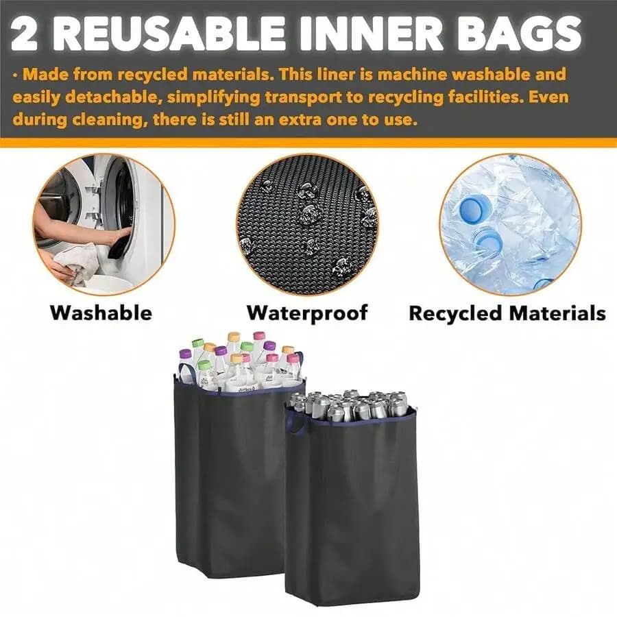 Recycling Bin With Lid And 2 Reusable Inner Bags 100L Washable Waterproof For Bottle Can Glass Plastic Blue