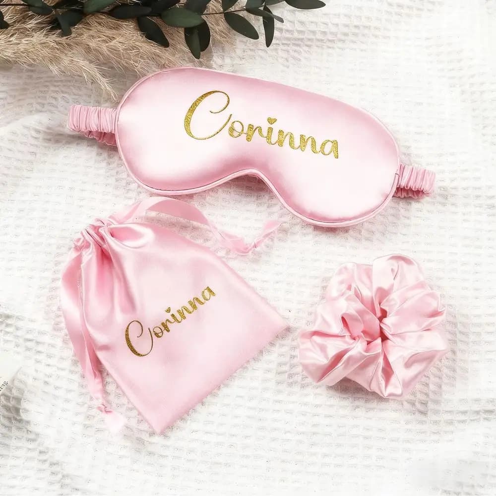 Customized Sleep Eye Mask Set: Eye Mask, Hair Elastics, Silk Bag 3 Pieces or 4 Pieces, Gifts for Bridesmaid for Traveling Vacations