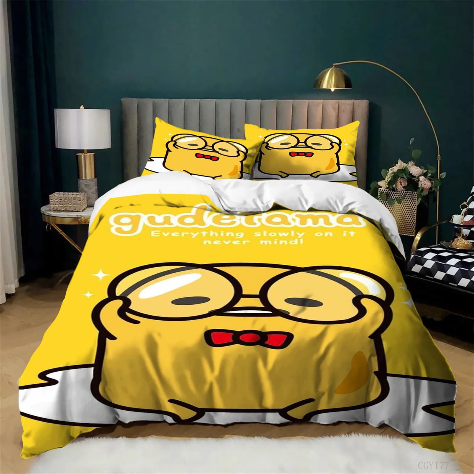 Set Copripiumino Gude-tama 3 Pezzi, Set Biancheria da Letto Leggera, Copripiumino Morbido per Tutte le Stagioni, Set Copripiumino Classico con Grafica