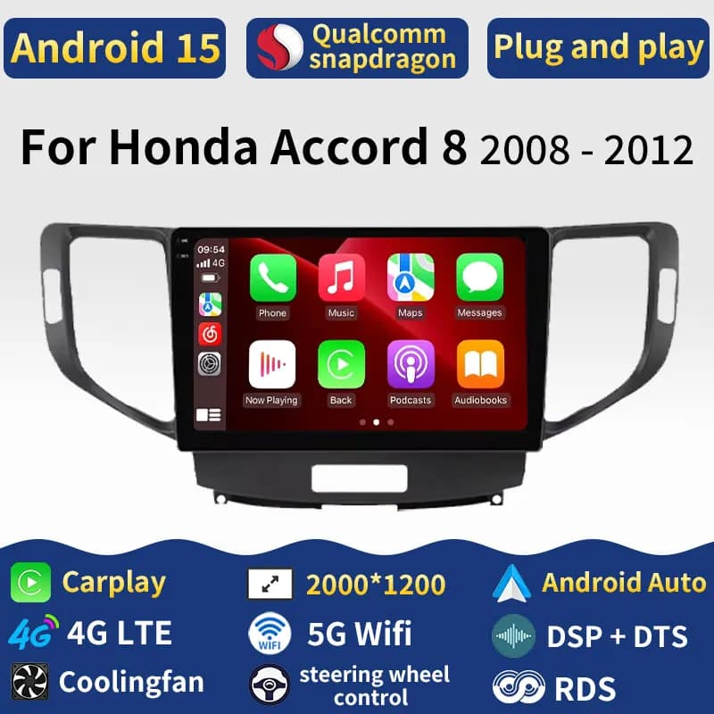 Autoradio Android 15 per Honda Accord 8 2008-2012 con Carplay Wireless, 4G+WIFI, Navigazione GPS, Lettore Multimediale Video e Stereo