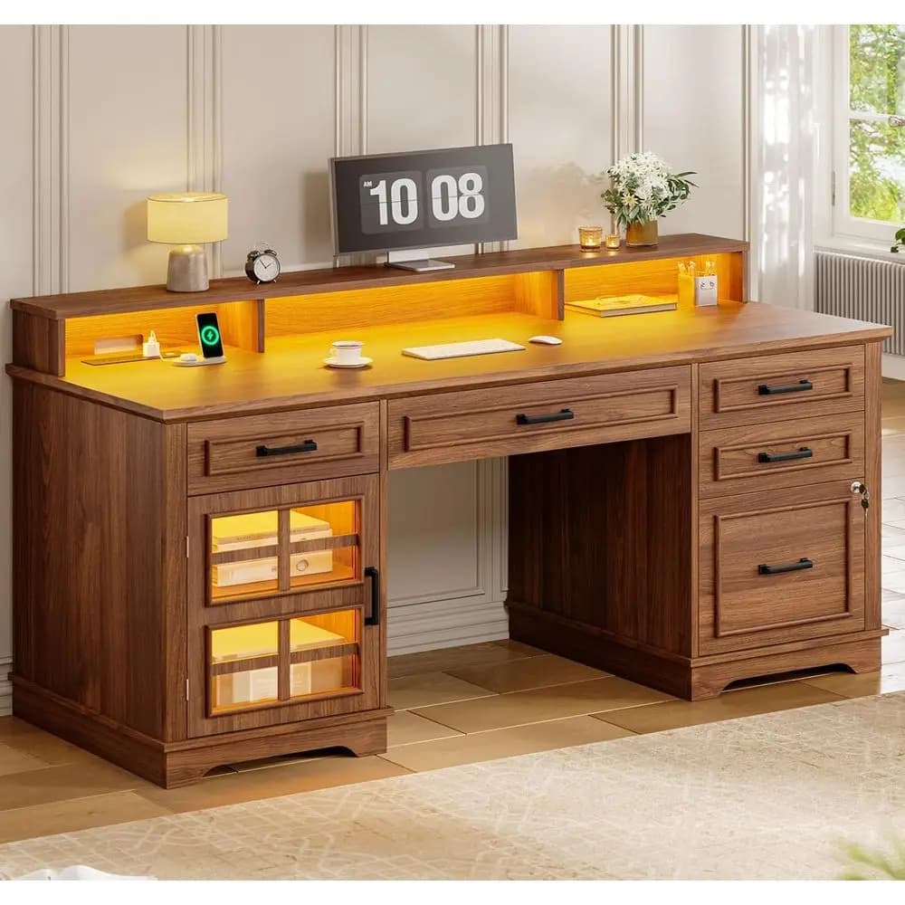 Scrivania Direzionale Grande da 60 Pollici con Cassetti, Scrivania per Ufficio Domestico con Presa di Corrente e Luce LED, Scrivania in Legno con Supporto Monitor, Cassetto Portadocumenti con Serratura