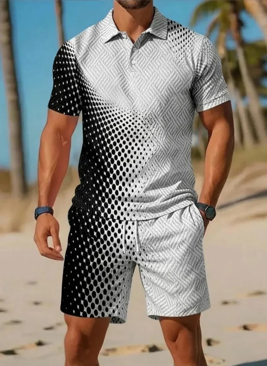 New Summer Men's Casual Polo Two-Piece Set Retro Collared Short-Sleeve Top and Shorts Set Stylish Textured Men's Apparel