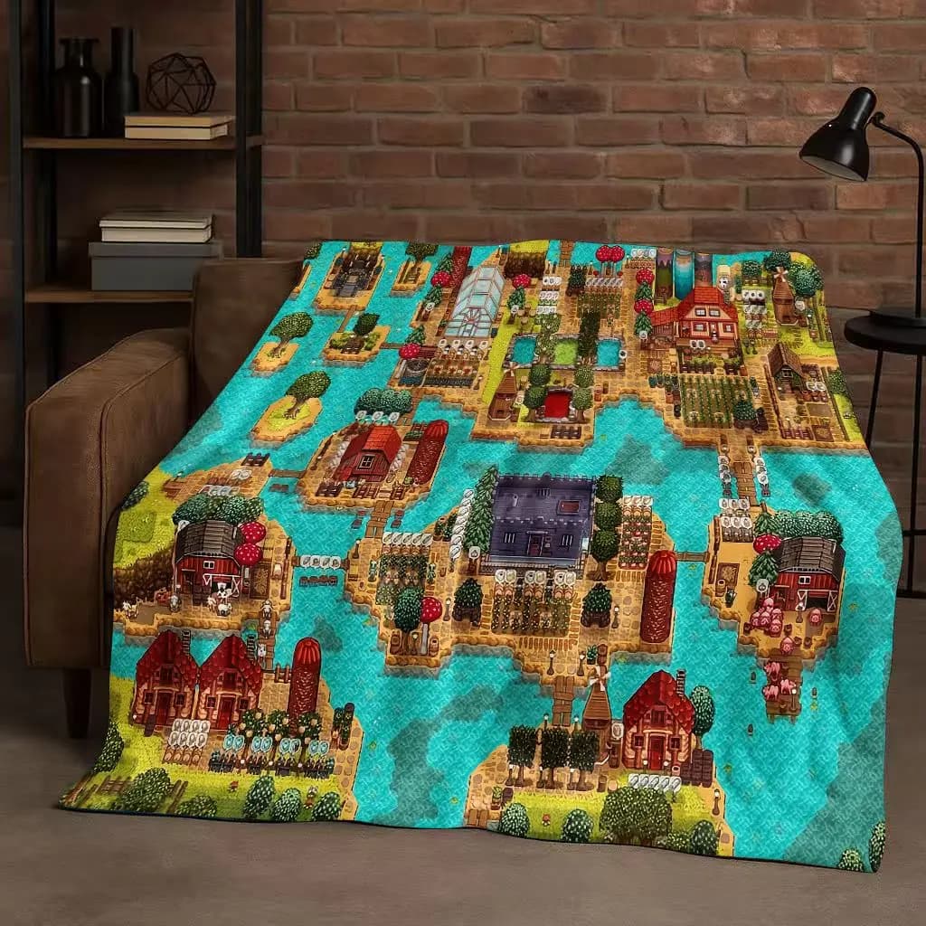 Classic Stardew Valley Farm Map Pixel Game Flannel Blanket,Ultra Soft Warm Plush Throw for Home Bedroom Bed Sofa Cover Kid Gift