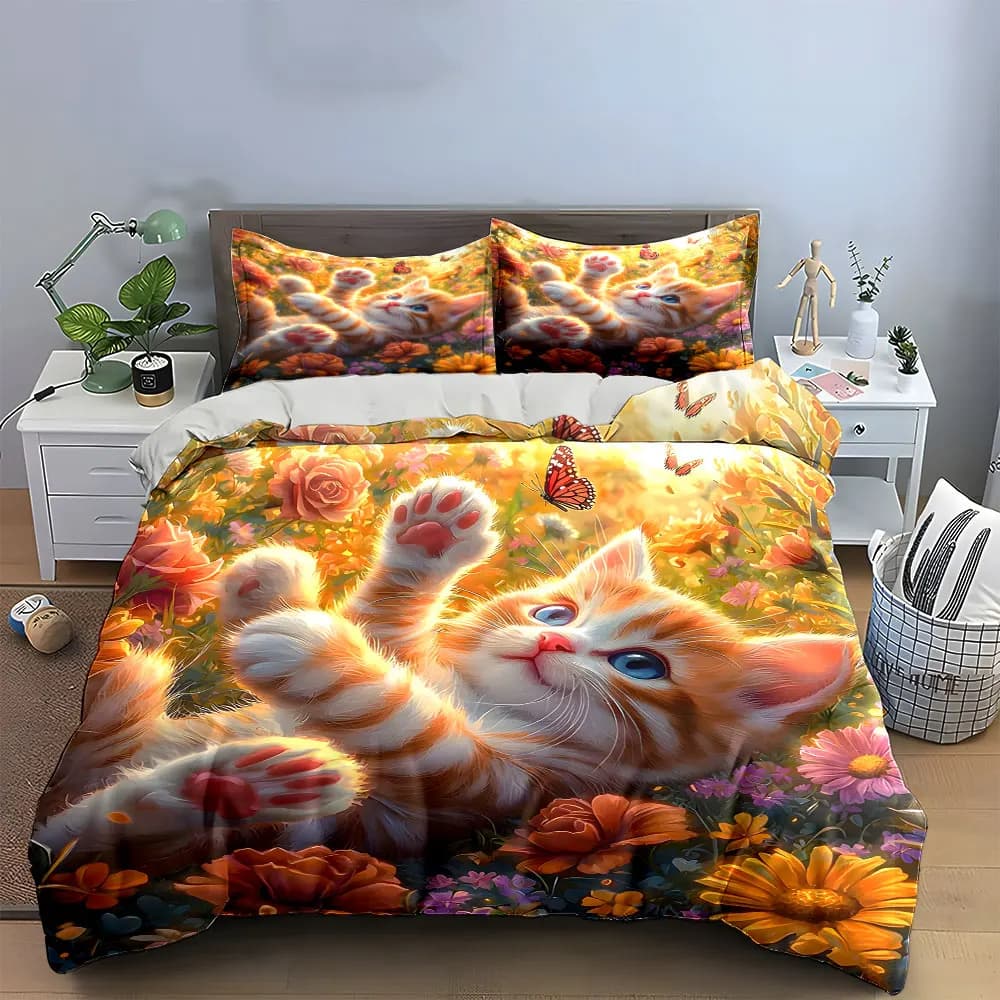 Set di biancheria da letto con decorazioni floreali primaverili per gattini, con 1 copripiumino e 2 federe, singolo, matrimoniale, king size, queen size, idea regalo