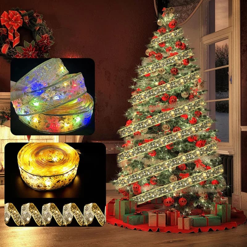 2/5/10M Christmas Tree Ribbon Fairy Lights, Indoor DIY Bows String Light Battery Powered for Christmas Tree New Year Decor