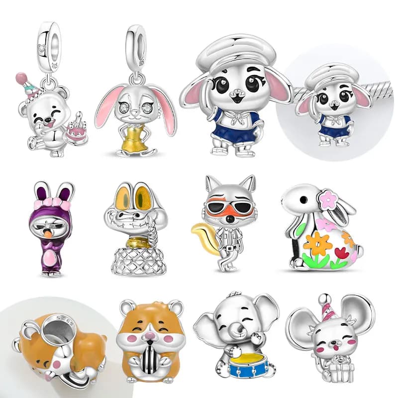 Cartoon Bear Rabbit Fox Crocodile Elephant Charm Original Silver Plated Bead Fit Bracelets Bag Keychain Diy Women Gift Accessory