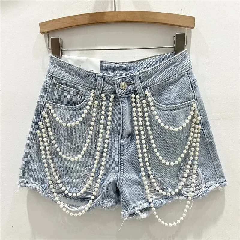 Ripped holes Distressed Jean Jeans Shorts Jeans Washed Chains High-Life Chains Random Stacked Pockets Allentate Streetwear Summer
