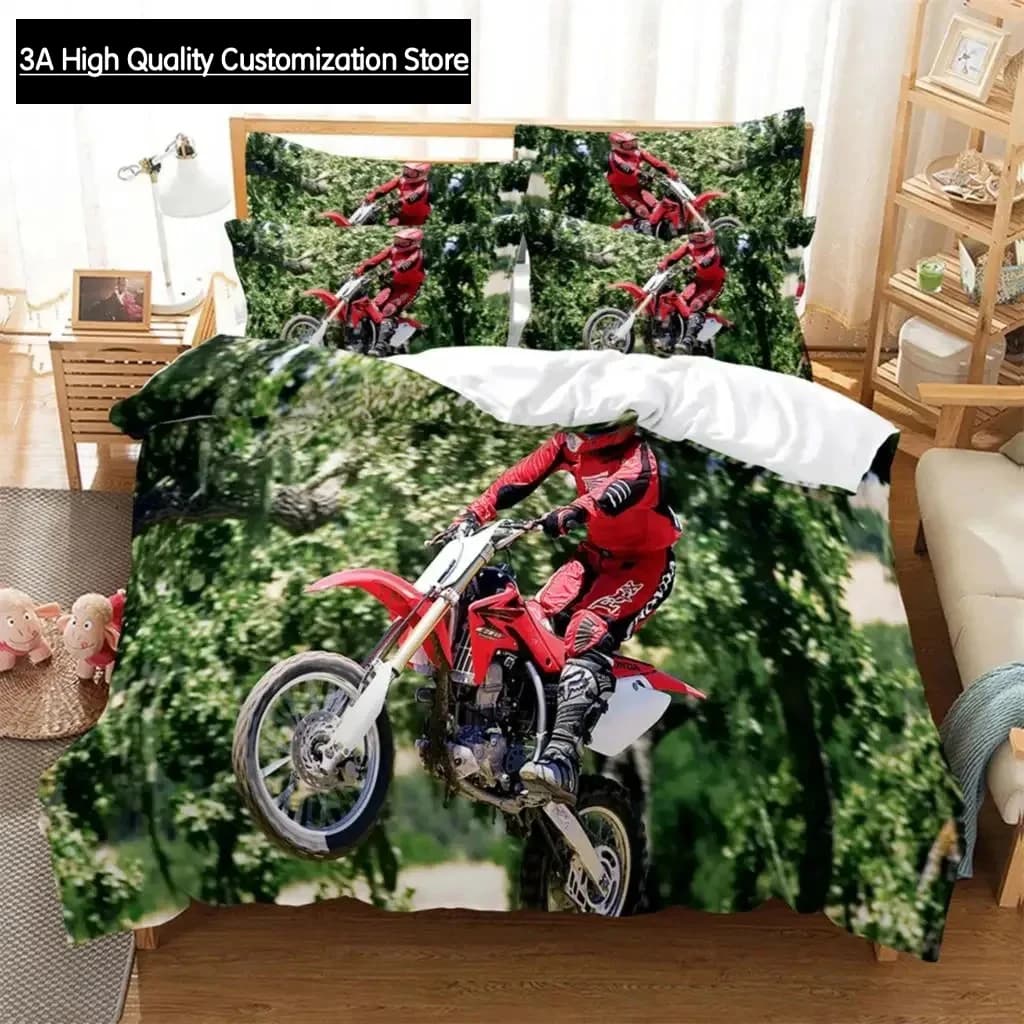 Biancheria da letto per moto foresta, stampa digitale in 3 pezzi, cartone animato, tessuto semplice, per set biancheria da letto della Nord America e Europa, Queen
