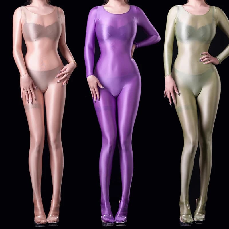 Tuta lucida da donna Sexy See through costume intero calza stretta trasparente lucida
