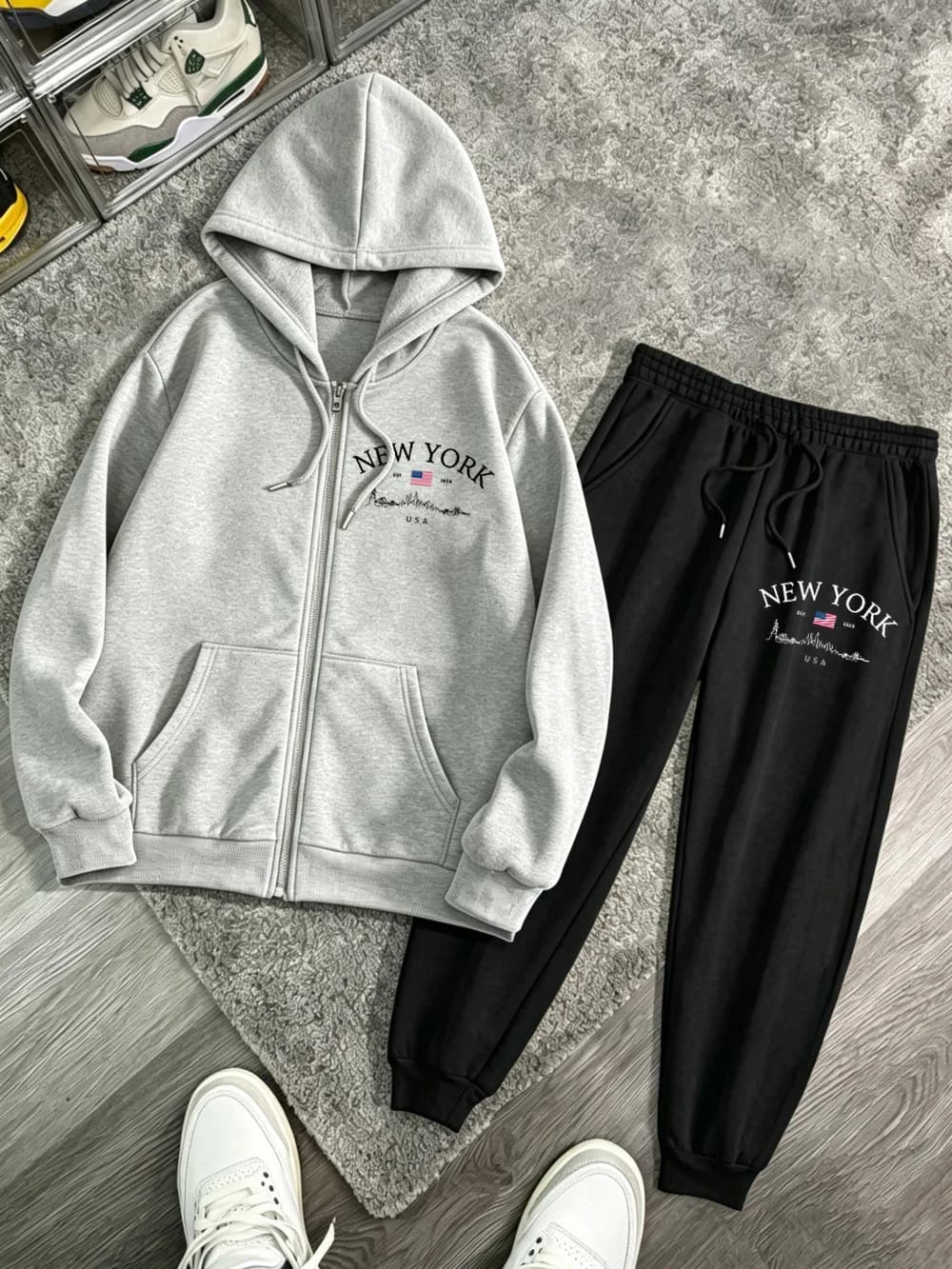 2Pcs Zipper Hoodie Set Women New York Usa Prints Sweatpantscasual Oversized Fleece Warm Hoody Sporty Pants Winter Pocket Clothes