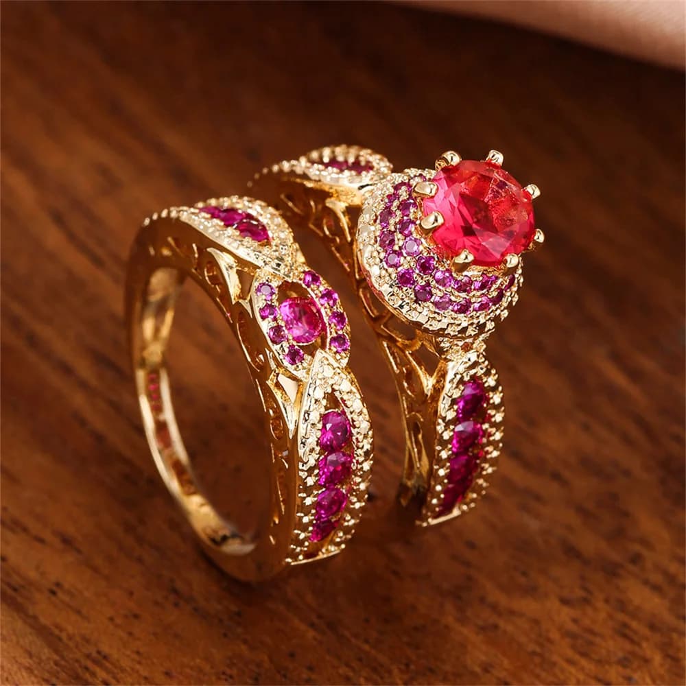 2pcs/set Rose Red Zircon Round Stone Ring Sets For Women Trendy Gold Color Engagement Double Rings Wedding Jewelry Birthday Gift
