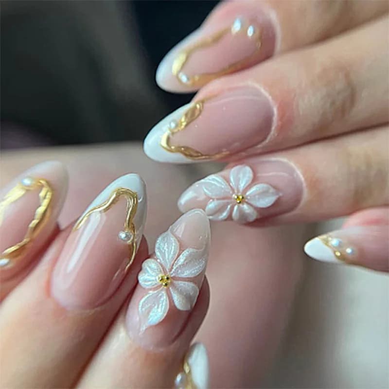 Set of 24 Fin Nails Lengths in Mandorla with Flowers, Reusable, Design with Golden Lines, Fin Nails with Pearls, French Nails Tips in Total Cover