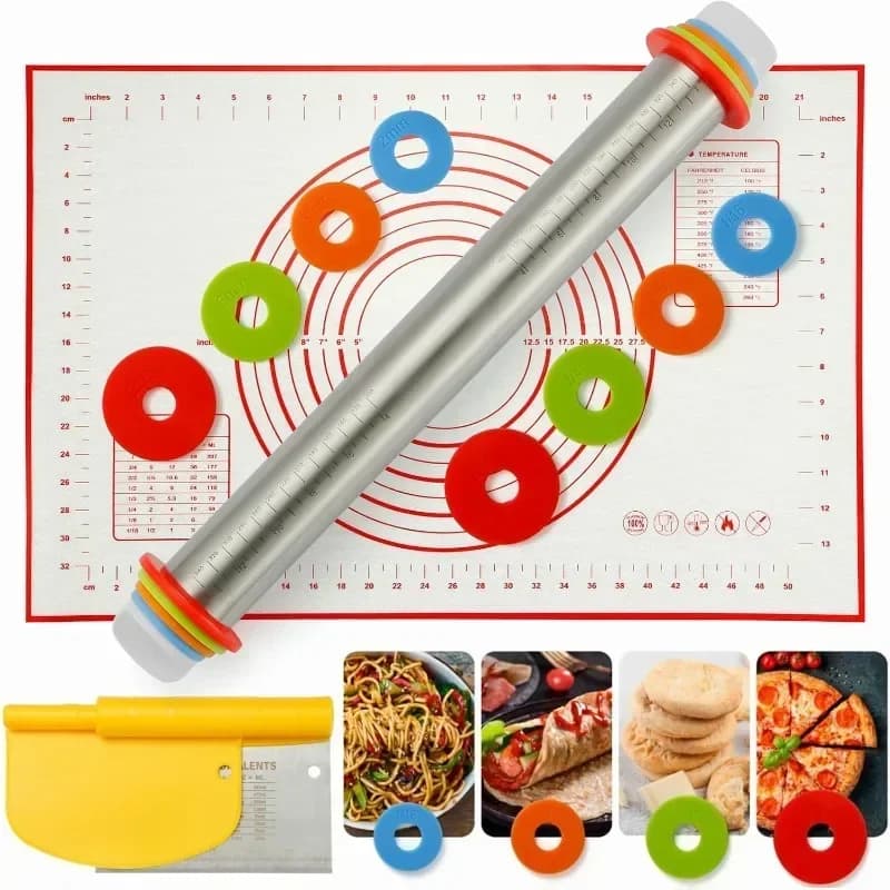 Set di Mattarello e Tappetino in Silicone per Pasticceria, Rullo per Impasto in Acciaio Inox con Anelli Regolabili per lo Spessore, per Pasticceria Fatta in Casa