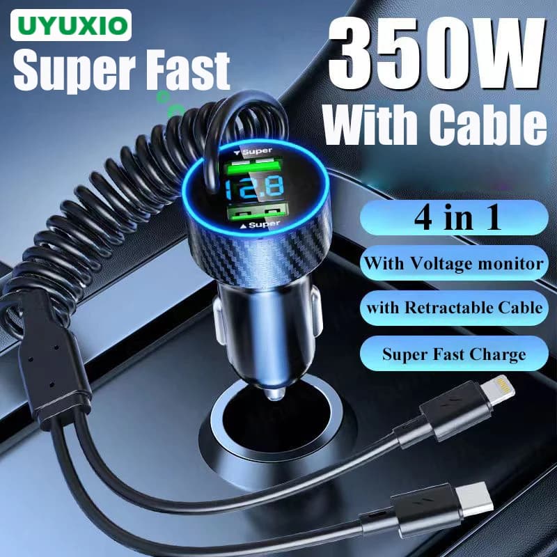Adattatore per caricabatterie per telefono da auto USB C 4 in 1 Super veloce in auto con cavo retrattile per Monitor di tensione a LED per iPhone 15 14 Samsung