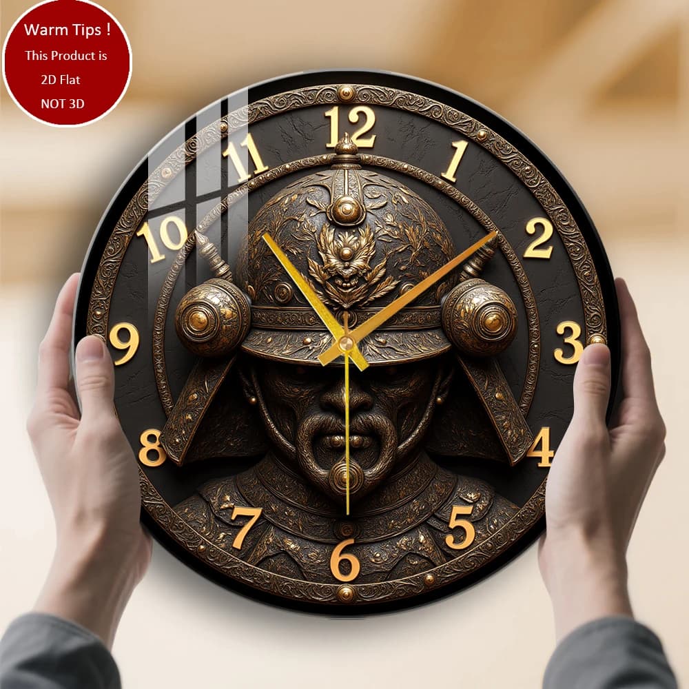 Tempered glass wall clock design with samurai helmet suitable for wall decorations or table displays everywhere