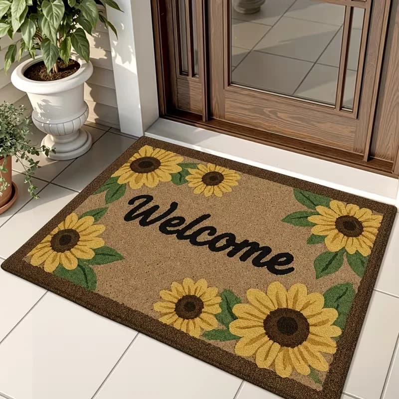 Sunflower "Welcome" Print Doormat Non-Slip Absorbent Floor Mat Rustic Style Entryway Welcome Rug