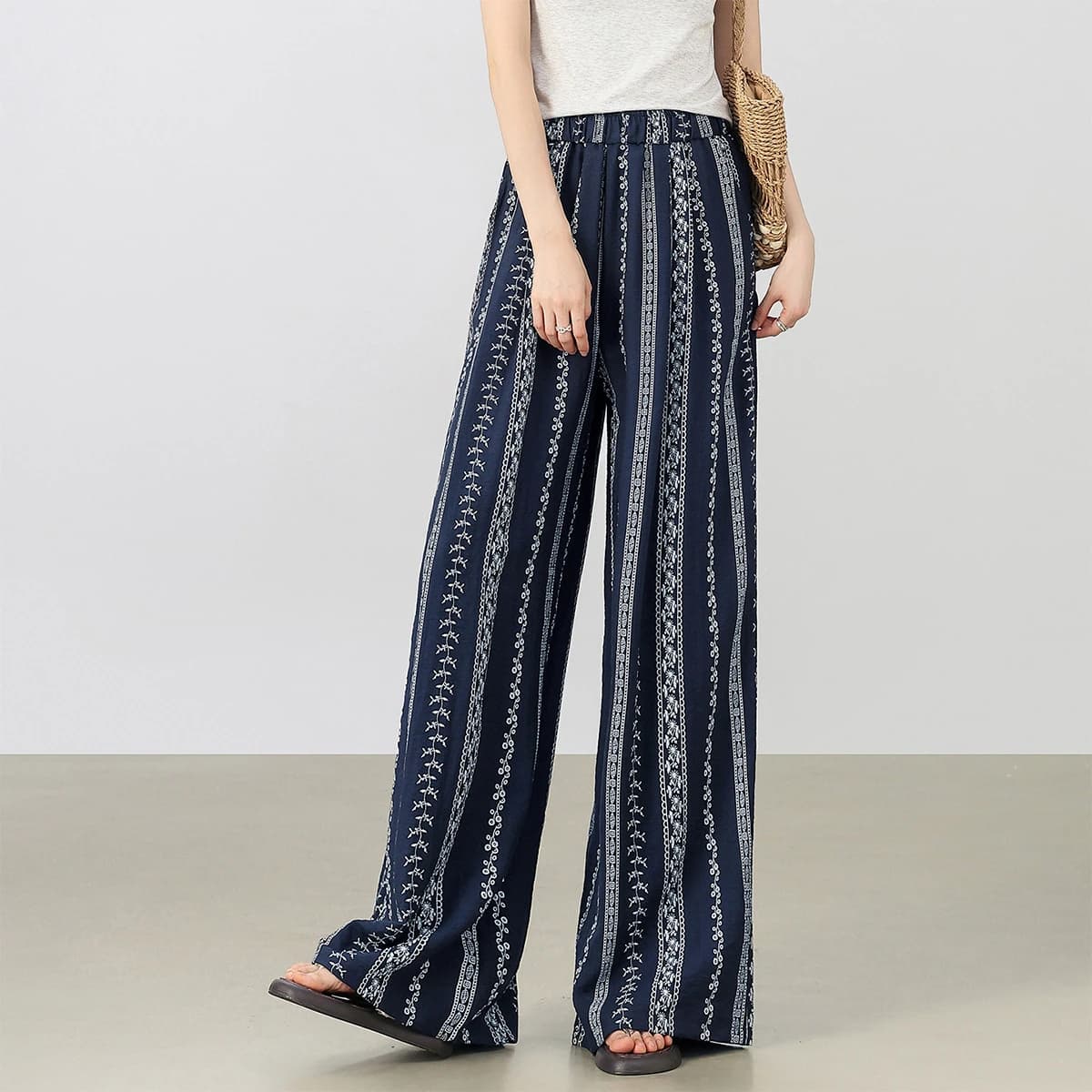 SENTUBILA Pantaloni Casual da Donna con Stampa Bohemien Estate 2026 Blu Scuro Gamba Larga Eleganti per Esterni W62KD6276X