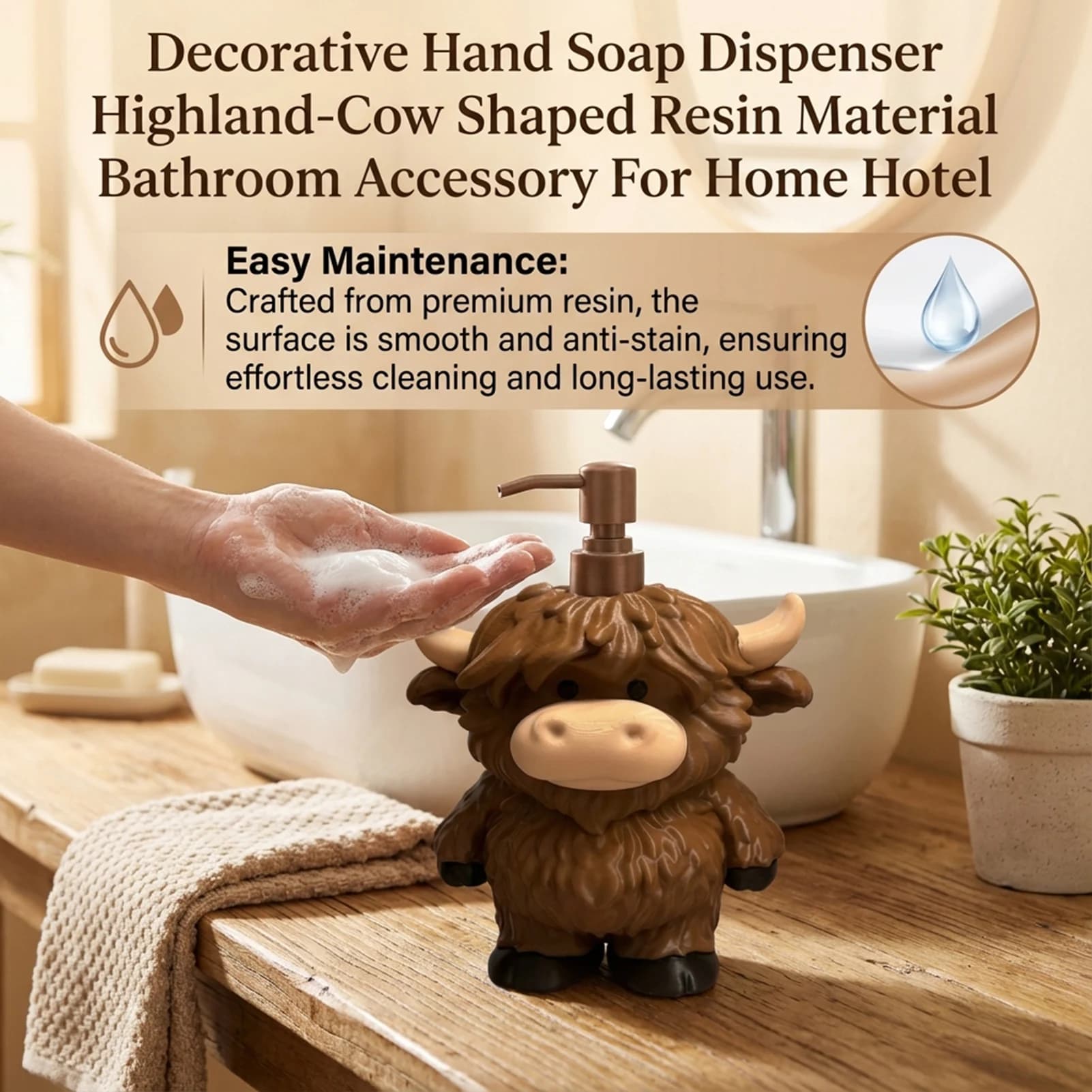 Dispenser di Sapone Decorativo a Forma di Mucca delle Highlands in Resina, Accessorio per Bagno di Casa e Hotel