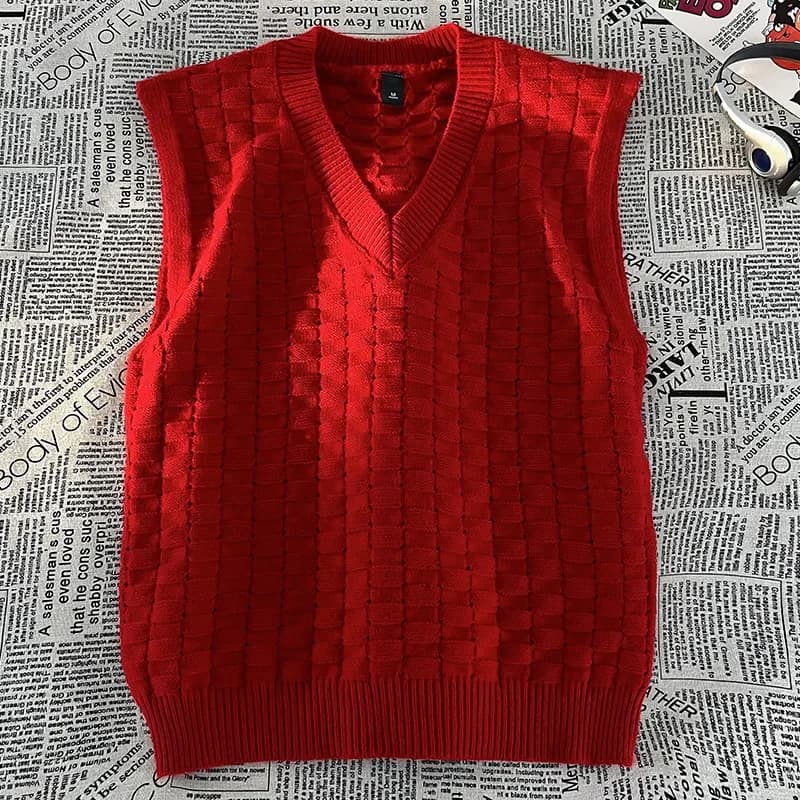 Gilet in maglia da uomo scollo a V, senza maniche, stile casual, autunno inverno, pullover sciolto a tinta unita con motivo a rombi