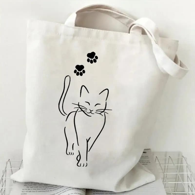 Borsa Tote in Tela con Gatto Carino per Donne, Borsa a Spalla Riutilizzabile con Arte Minimalista a Linee di Zampa di Gatto, Regali Carini per Amanti dei Gatti, Estetica