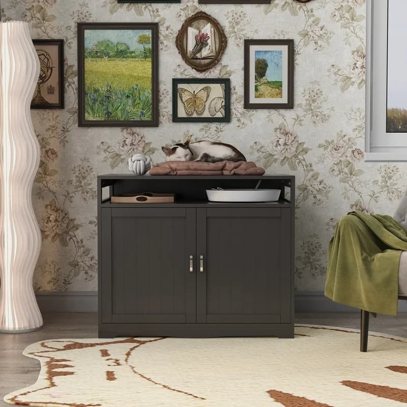 Mobiletto per lettiera per gatti in legno Espresso con panca contenitore, presa a scomparsa, 2 ante, mobiletto bagno per gatti da interno